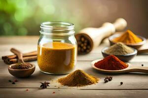 spices and spices in a jar on a wooden table. AI-Generated photo