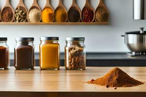 a kitchen counter with spices and spices. AI-Generated photo