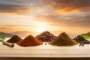 spices and spices on wooden table with sunset background. AI-Generated photo