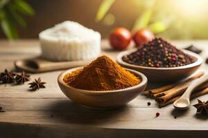 spices and spices on wooden table with spices and spices. AI-Generated photo