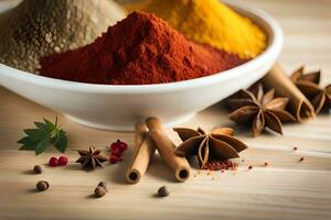 spices and spices in a bowl on a wooden table. AI-Generated photo