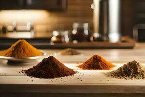 various spices on a table in a kitchen. AI-Generated photo