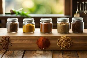 five jars of spices on a wooden table. AI-Generated photo