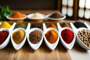 a variety of spices in white bowls. AI-Generated photo