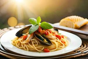 spaghetti with mussels and tomatoes. AI-Generated photo