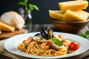 spaghetti with mussels and clams in tomato sauce. AI-Generated photo