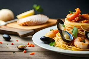 spaghetti with mussels, clams and other seafood. AI-Generated photo