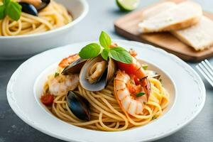 spaghetti with mussels and clams in a white bowl. AI-Generated photo
