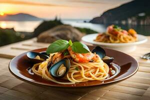 espaguetis con mejillones y Tomates en un lámina. generado por ai foto