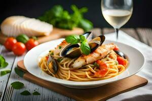 spaghetti with mussels and clams in a white bowl. AI-Generated photo