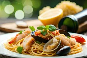 spaghetti with mussels, clams and shrimp on a plate. AI-Generated photo