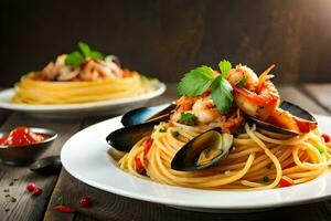 spaghetti with seafood and tomatoes on a wooden table. AI-Generated photo