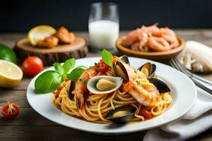 spaghetti with seafood and tomatoes on a wooden table. AI-Generated photo