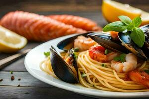 spaghetti with mussels and salmon on a plate. AI-Generated photo