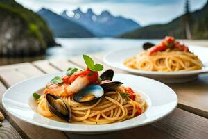 spaghetti with mussels and tomatoes on a wooden table. AI-Generated photo