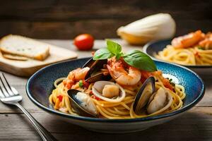 spaghetti with mussels and clams in a bowl. AI-Generated photo