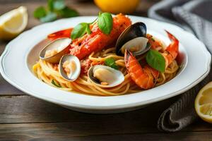 spaghetti with clams and lobster in a white bowl. AI-Generated photo