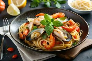 spaghetti with mussels and clams in a bowl. AI-Generated photo