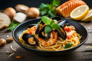 spaghetti with mussels and clams in a bowl. AI-Generated photo