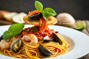 spaghetti with mussels and tomatoes on a plate. AI-Generated photo
