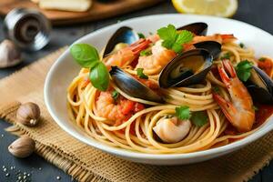 spaghetti with mussels and clams in tomato sauce. AI-Generated photo