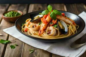 pasta with seafood and herbs in a bowl. AI-Generated photo