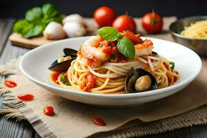 spaghetti with shrimp and mussels in tomato sauce. AI-Generated photo