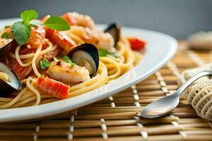 spaghetti with mussels and tomatoes on a plate. AI-Generated photo