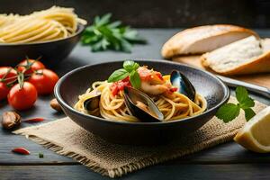 spaghetti with mussels and tomatoes in a bowl. AI-Generated photo