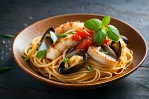 spaghetti with mussels and tomatoes in a bowl. AI-Generated photo