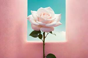 a white rose is standing in front of a pink wall. AI-Generated photo