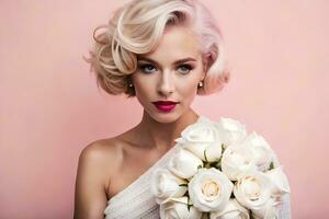 beautiful blonde woman with white roses. AI-Generated photo