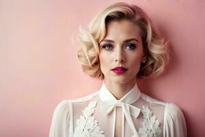 a beautiful blonde woman with short hair and a white shirt. AI-Generated photo