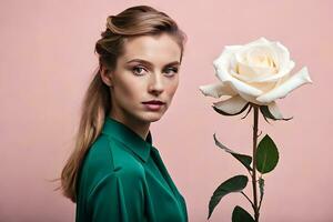 un mujer es participación un blanco Rosa. generado por ai foto