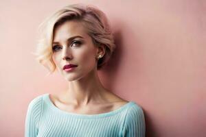 a beautiful blonde woman with short hair and blue sweater. AI-Generated photo