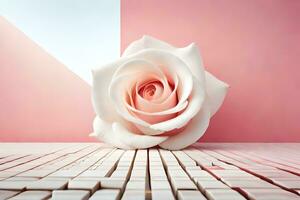 un blanco Rosa se sienta en parte superior de un teclado. generado por ai foto