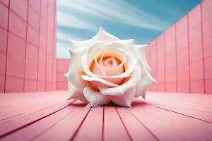 a white rose sitting on a pink floor. AI-Generated photo