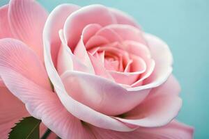 a close up of a pink rose with a blue background. AI-Generated photo