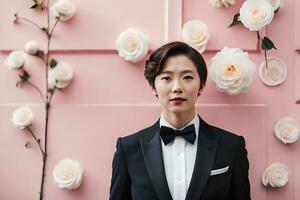 a woman in a tuxedo and bow tie standing in front of pink roses. AI-Generated photo