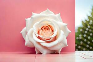 un blanco Rosa sentado en un rosado mesa. generado por ai foto