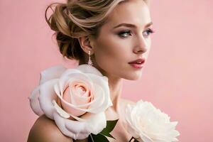 beautiful blonde woman with white roses on pink background. AI-Generated photo