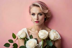 a woman with pink hair and white roses. AI-Generated photo