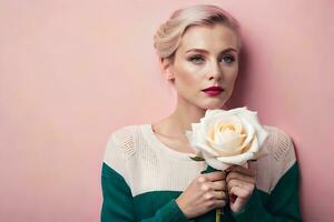 hermosa rubia mujer participación un Rosa en contra rosado antecedentes. generado por ai foto