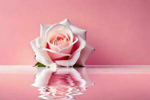 a single rose is reflected in water on a pink background. AI-Generated photo