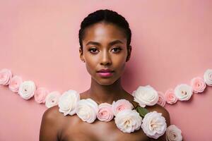 hermosa africano americano mujer con rosas en rosado antecedentes. generado por ai foto