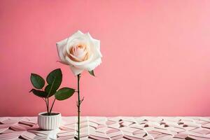 un soltero Rosa en un florero en un rosado antecedentes. generado por ai foto