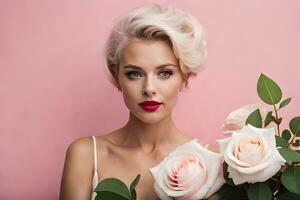 beautiful blonde woman with roses on pink background. AI-Generated photo