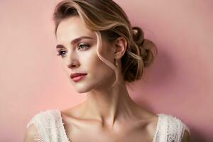 beautiful blonde woman with wedding dress on pink background. AI-Generated photo