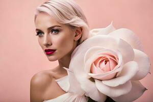 beautiful blonde woman with rose on pink background. AI-Generated photo