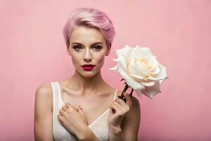 hermosa mujer con rosado pelo participación un blanco Rosa. generado por ai foto